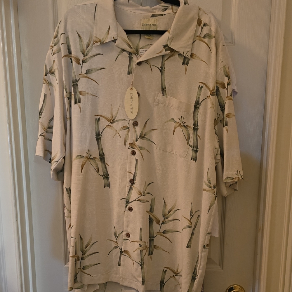 Joseph & Feiss Men's Bamboo Print Silk Shirt -‎ Cream and Green